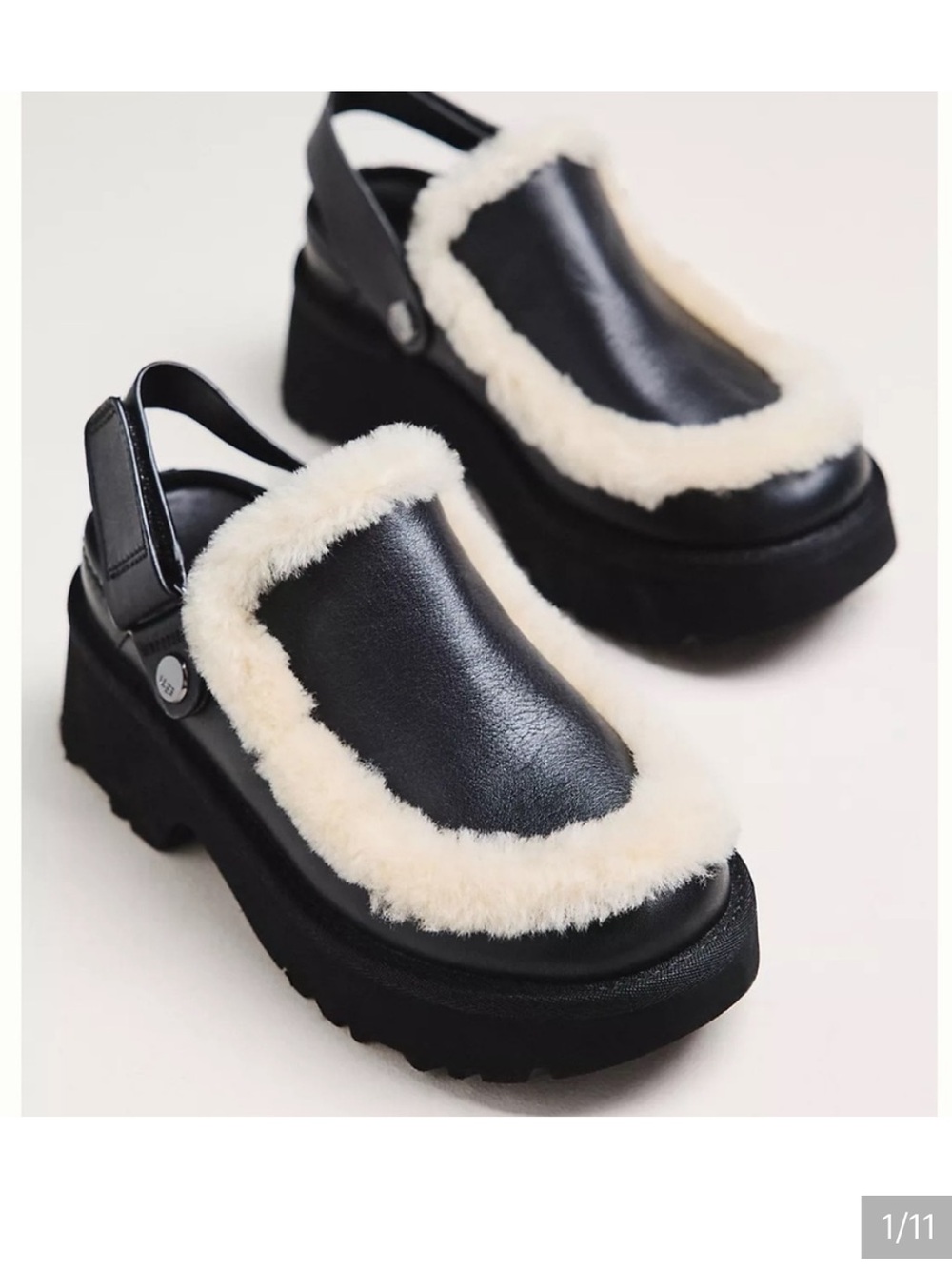 UGG Esme Leather Slingback Clog in Black with Cream Shearling